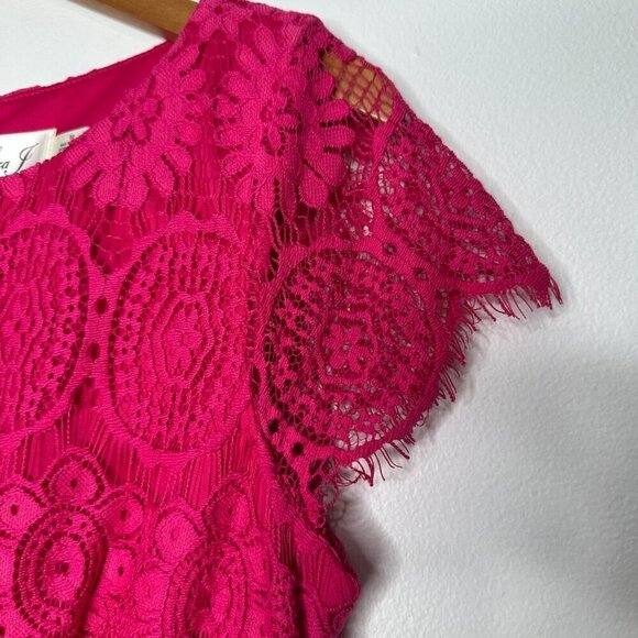 Eliza J Lace Dress Size 10 Pink Scalloped Cap Sleeve Sheath Cocktail - Picture 4 of 11